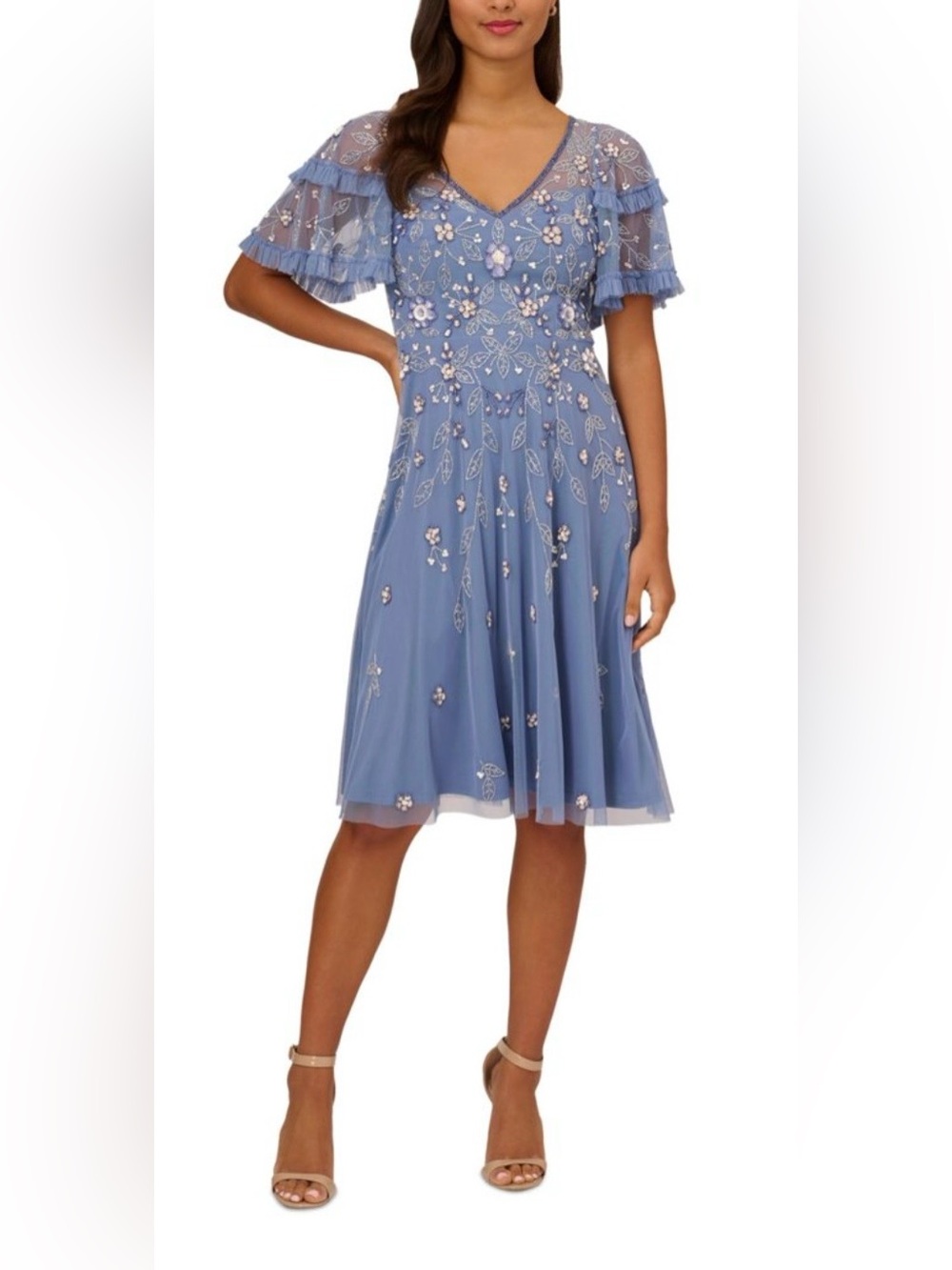 Adrianna Papell Blue Sequined Ruffled Short Sleeve Dress